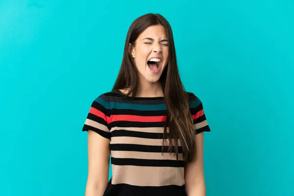 Teenager Brazilian Girl Isolated Blue Background Shouting Front Mouth Wide — Stock Photo, Image