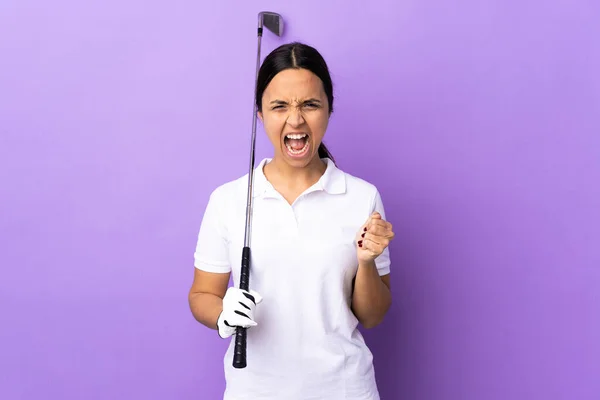 Young Golfer Woman Isolated Colorful Background Frustrated Bad Situation — Stock Photo, Image