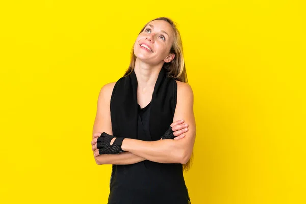 Young Sport English Woman Isolated White Background Looking While Smiling — Stock Photo, Image