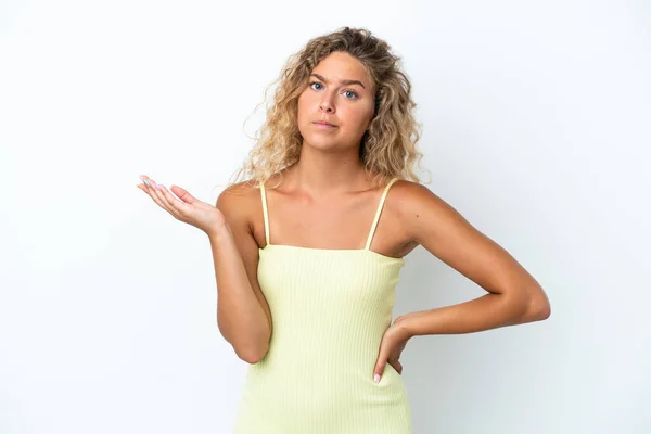 Girl Curly Hair Isolated White Background Having Doubts — Stock Photo, Image