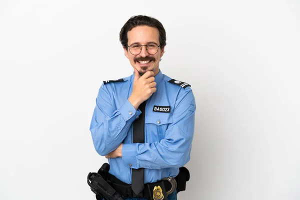 Joven Policía Sobre Fondo Aislado Blanco Con Gafas Sonriendo —  Fotos de Stock