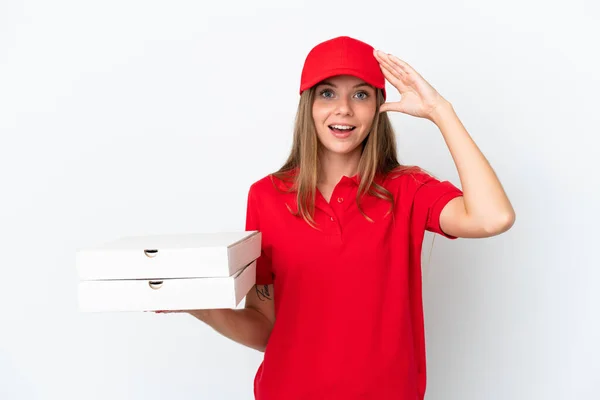 Consegna Pizza Donna Lituana Isolata Sfondo Bianco Con Espressione Sorpresa — Foto Stock