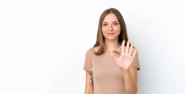 Jong Litouws Vrouw Geïsoleerd Witte Achtergrond Tellen Vijf Met Vingers — Stockfoto