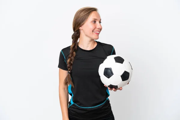 Young Football Player Woman Isolated White Background Looking Side — Stock Photo, Image