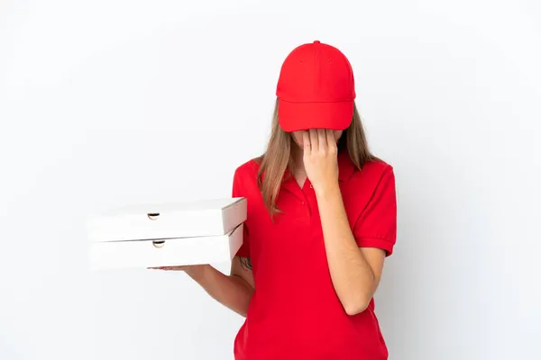 Доставка Пиццы Литовская Женщина Изолирована Белом Фоне Усталым Больным Лицом — стоковое фото
