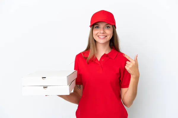 Pizza Entrega Lituana Mulher Isolada Fundo Branco Dando Gesto Polegares — Fotografia de Stock