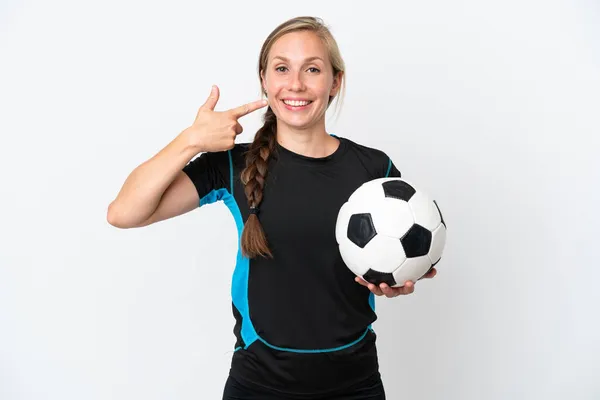 Młody Piłkarz Kobieta Odizolowany Białym Tle Dając Kciuki Górę Gest — Zdjęcie stockowe