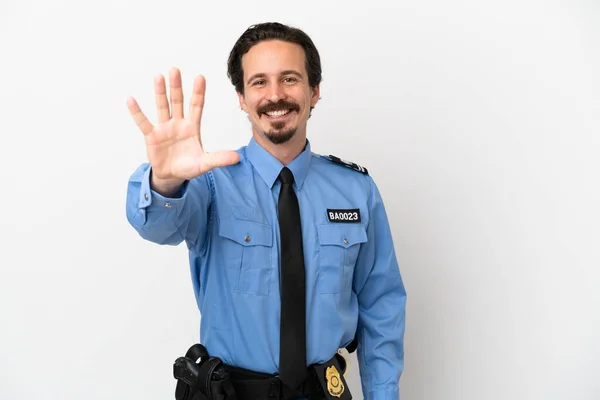 Молодой Полицейский Изолированном Фоне Белый Считает Пятерых Пальцами — стоковое фото