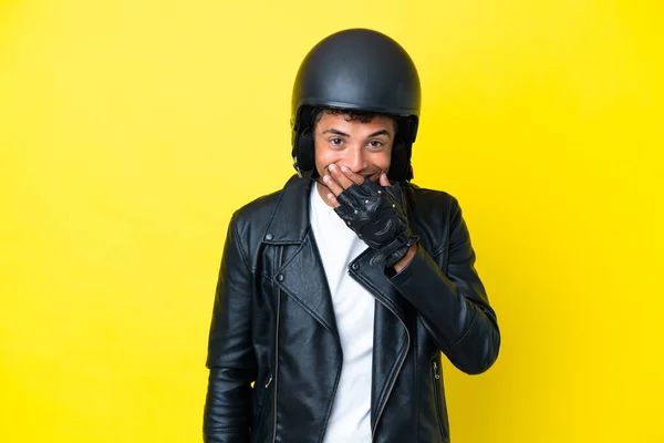 Jovem Brasileiro Com Capacete Motocicleta Isolado Fundo Amarelo Feliz Sorridente — Fotografia de Stock