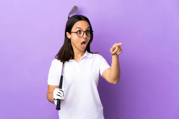 Young Golfer Woman Isolated Colorful Background Pointing Away — Stock Photo, Image