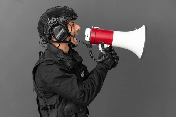 Swat Caucasian Man Isolated Grey Background Shouting Megaphone — Stock Photo, Image