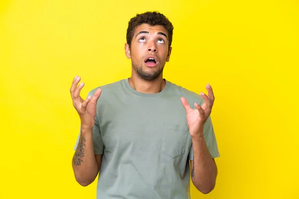 Young Handsome Brazilian Man Isolated Yellow Background Stressed Overwhelmed — Stock Photo, Image