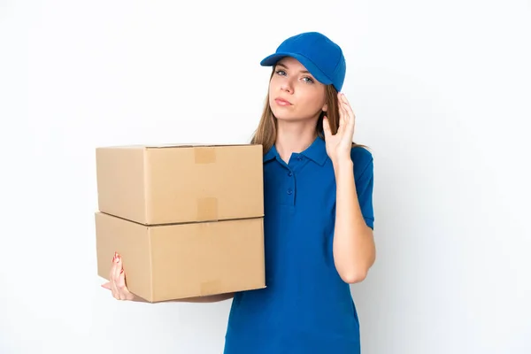 Delivery Lithuanian Woman Isolated White Background Having Doubts — Stock Photo, Image