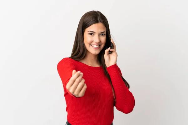 Adolescente Brasileña Chica Utilizando Teléfono Móvil Sobre Fondo Blanco Aislado — Foto de Stock