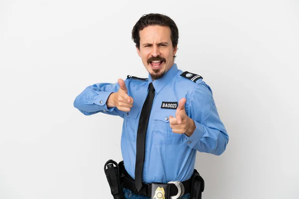 Jonge Politieman Geïsoleerde Achtergrond Wit Wijzend Naar Voren Glimlachend — Stockfoto