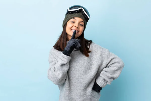 Mixed Race Skier Girl Snowboarding Glasses Isolated Blue Background Showing — Stock Photo, Image
