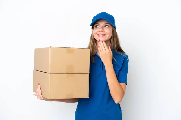 Entrega Lituano Mulher Isolado Branco Fundo Olhando Para Cima Enquanto — Fotografia de Stock