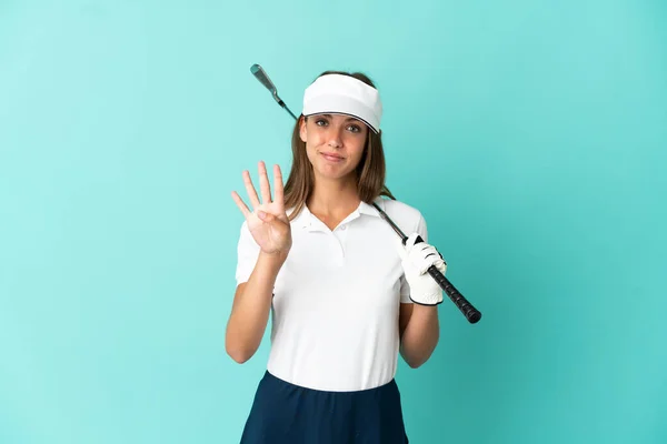 Zole Edilmiş Mavi Arka Planda Golf Oynayan Kadın Mutlu Parmaklarıyla — Stok fotoğraf