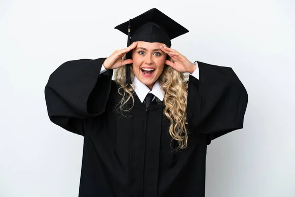 Jovem Universitária Graduada Mulher Isolada Fundo Branco Com Expressão Surpresa — Fotografia de Stock