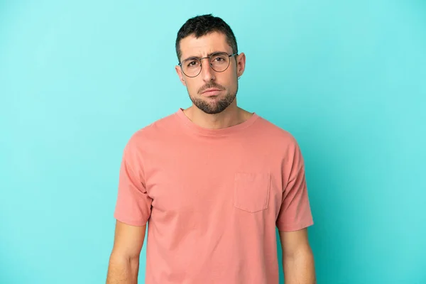 Young Handsome Caucasian Man Isolated Blue Background Glasses — Stock Photo, Image