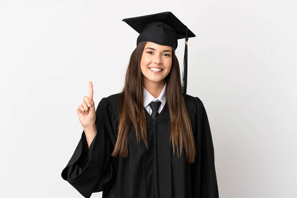 Adolescente Graduado Universitario Brasileño Sobre Fondo Blanco Aislado Apuntando Una — Foto de Stock