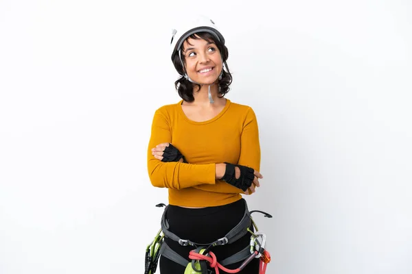 Jovem Mulher Alpinista Mulher Isolada Fundo Branco Olhando Para Cima — Fotografia de Stock