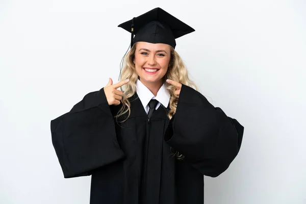 Νεαρή Απόφοιτος Πανεπιστημίου Γυναίκα Απομονωμένη Λευκό Φόντο Δίνοντας Τους Αντίχειρες — Φωτογραφία Αρχείου