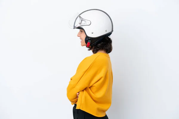 Mulher Com Capacete Motocicleta Posição Lateral — Fotografia de Stock