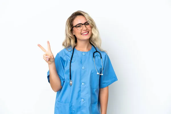 Brazilian Surgeon Doctor Woman Isolated Background Smiling Showing Victory Sign — Stock Photo, Image