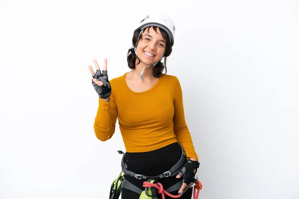 Mujer Joven Escaladora Mujer Aislada Sobre Fondo Blanco Feliz Contando —  Fotos de Stock