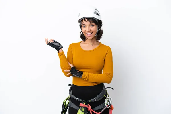 Kaya Tırmanışçısı Genç Bir Kadın Beyaz Arka Planda Izole Edilmiş — Stok fotoğraf