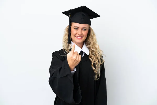 Νεαρή Απόφοιτος Πανεπιστημίου Γυναίκα Απομονωμένη Λευκό Φόντο Κάνει Επερχόμενη Χειρονομία — Φωτογραφία Αρχείου