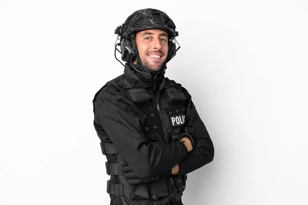 Swat Kacasian Man Isolated White Background Arms Crossed Looking Forward — 图库照片