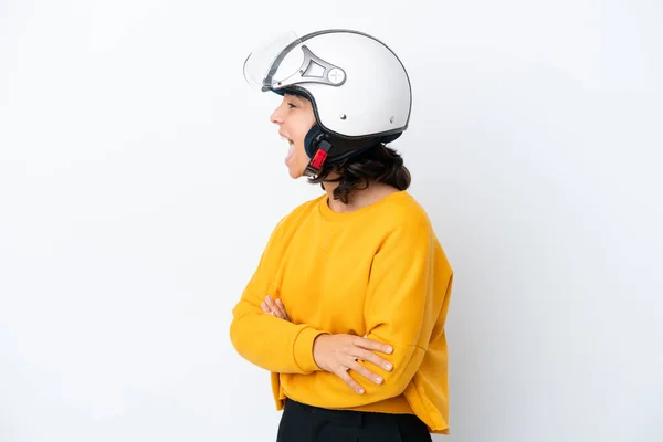 Mulher Com Capacete Motocicleta Rindo Posição Lateral — Fotografia de Stock