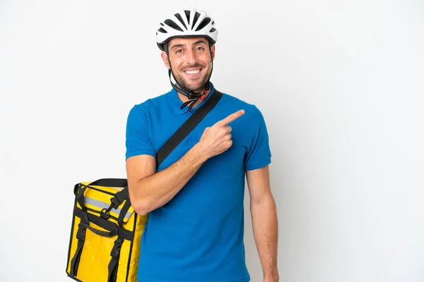 Homem Caucasiano Jovem Com Mochila Térmica Isolada Sobre Fundo Branco — Fotografia de Stock