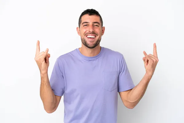 Jovem Bonito Caucasiano Homem Isolado Branco Fundo Fazendo Chifre Gesto — Fotografia de Stock