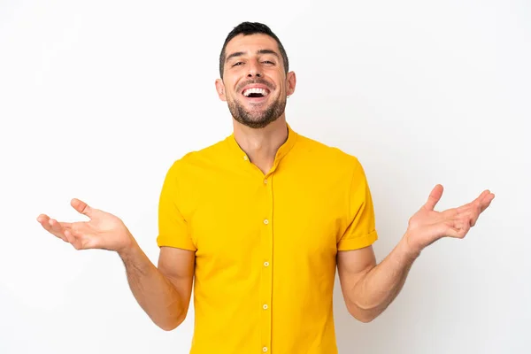 Jonge Knappe Blanke Man Geïsoleerd Witte Achtergrond Glimlachen Veel — Stockfoto