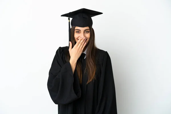 Giovane Laureato Isolato Sfondo Bianco Felice Sorridente Bocca Copertura Con — Foto Stock