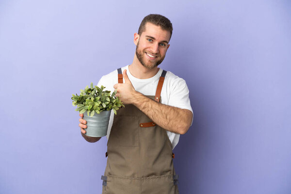 Gardener caucasian man holding a plant isolated on yellow background giving a thumbs up gesture