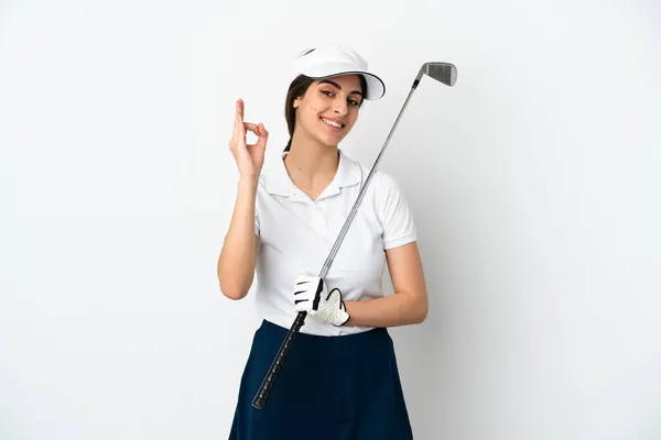 漂亮的年轻高尔夫球手女子 背景为白色 手部有明显的标志 — 图库照片