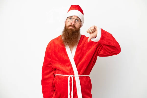 Hombre Rojizo Disfrazado Santa Claus Aislado Blanco Mostrando Pulgar Hacia —  Fotos de Stock