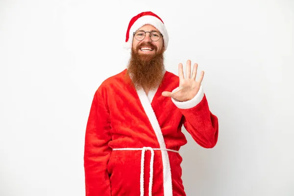 Hombre Rojizo Disfrazado Santa Claus Aislado Blanco Contando Cinco Con —  Fotos de Stock