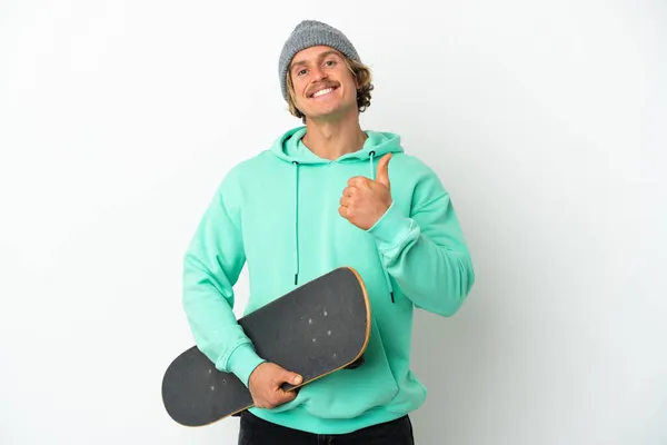 Young Skater Blonde Man Isolated White Background Giving Thumbs Gesture — Stock Photo, Image