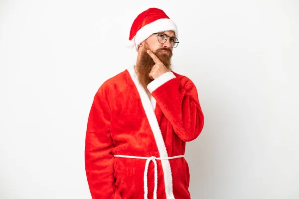 Reddish Man Disguised Santa Claus Isolated White Having Doubts — Stock Photo, Image