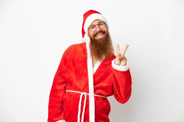 Hombre Rojizo Disfrazado Santa Claus Aislado Blanco Sonriendo Mostrando Signo —  Fotos de Stock