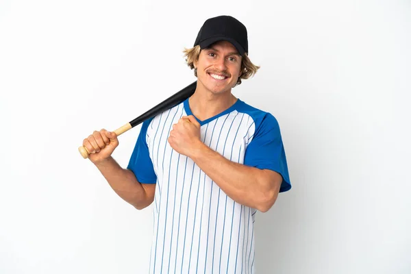 Mladý Blondýnka Muž Hraje Baseball Izolované Bílém Pozadí Slaví Vítězství — Stock fotografie
