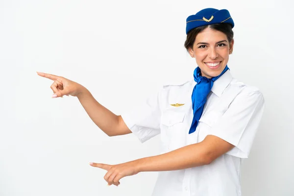 Літак Стюардеса Біла Жінка Ізольована Білому Тлі Вказуючи Палець Бік — стокове фото