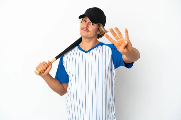 Mladý Blondýnka Muž Hraje Baseball Izolované Bílém Pozadí Šťastný Počítání — Stock fotografie