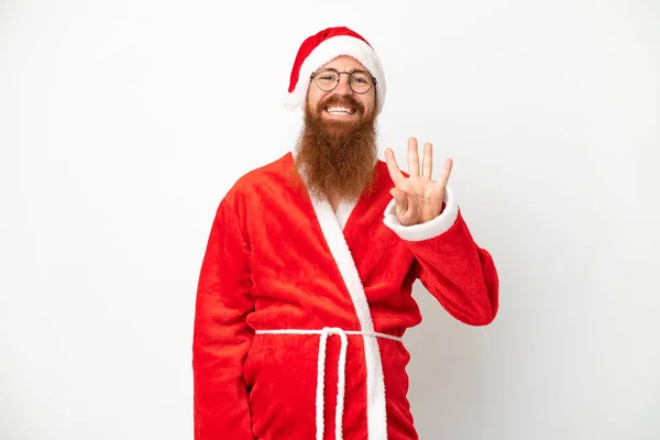 Reddish Man Disguised Santa Claus Isolated White Happy Counting Four — Stock Photo, Image