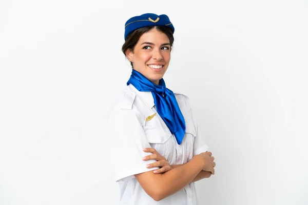 Flugzeug Stewardess Kaukasische Frau Isoliert Auf Weißem Hintergrund Mit Verschränkten — Stockfoto